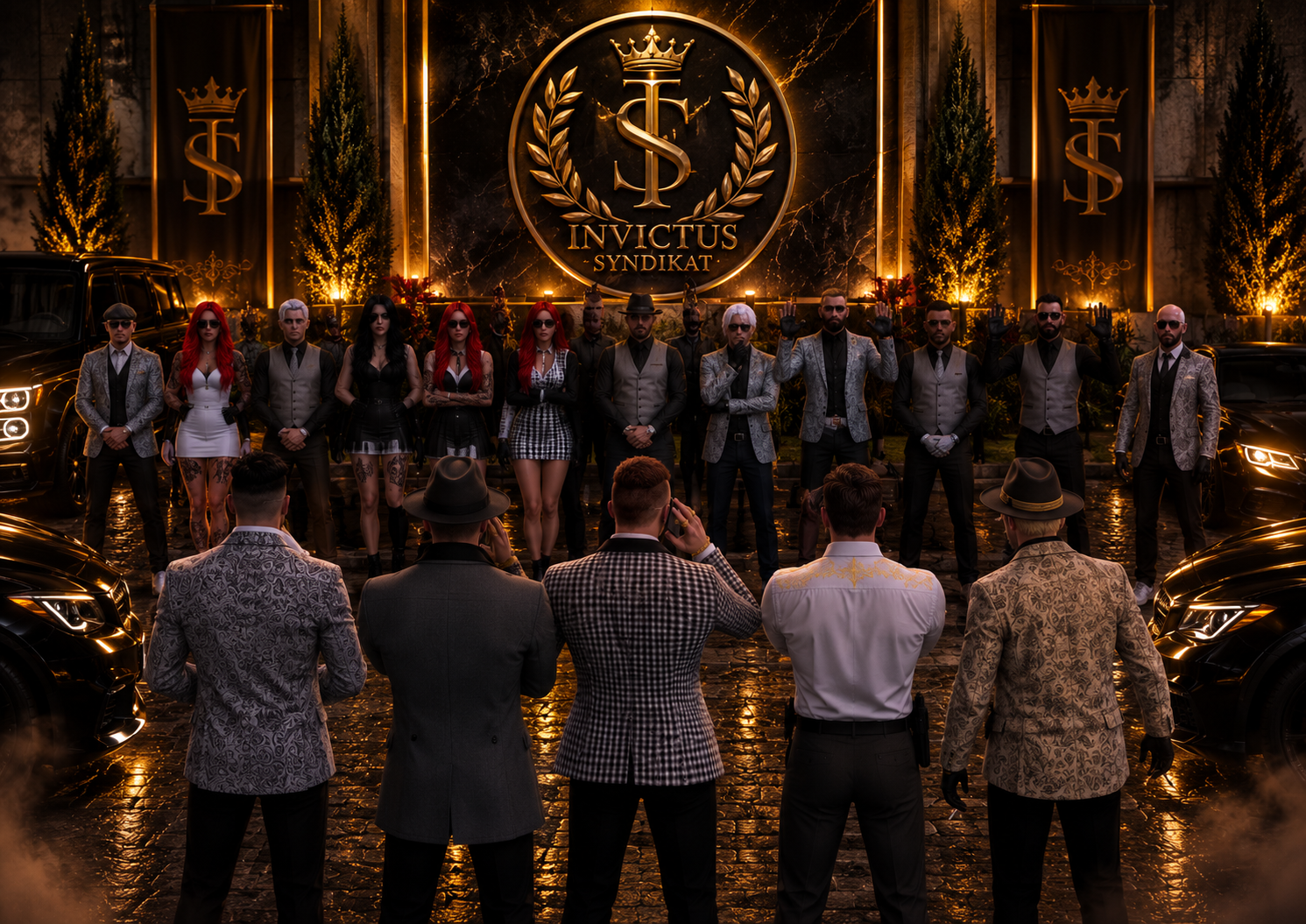 Cinematische Illustration der Invictus-Familie vor dem goldenen Syndikat-Wappen